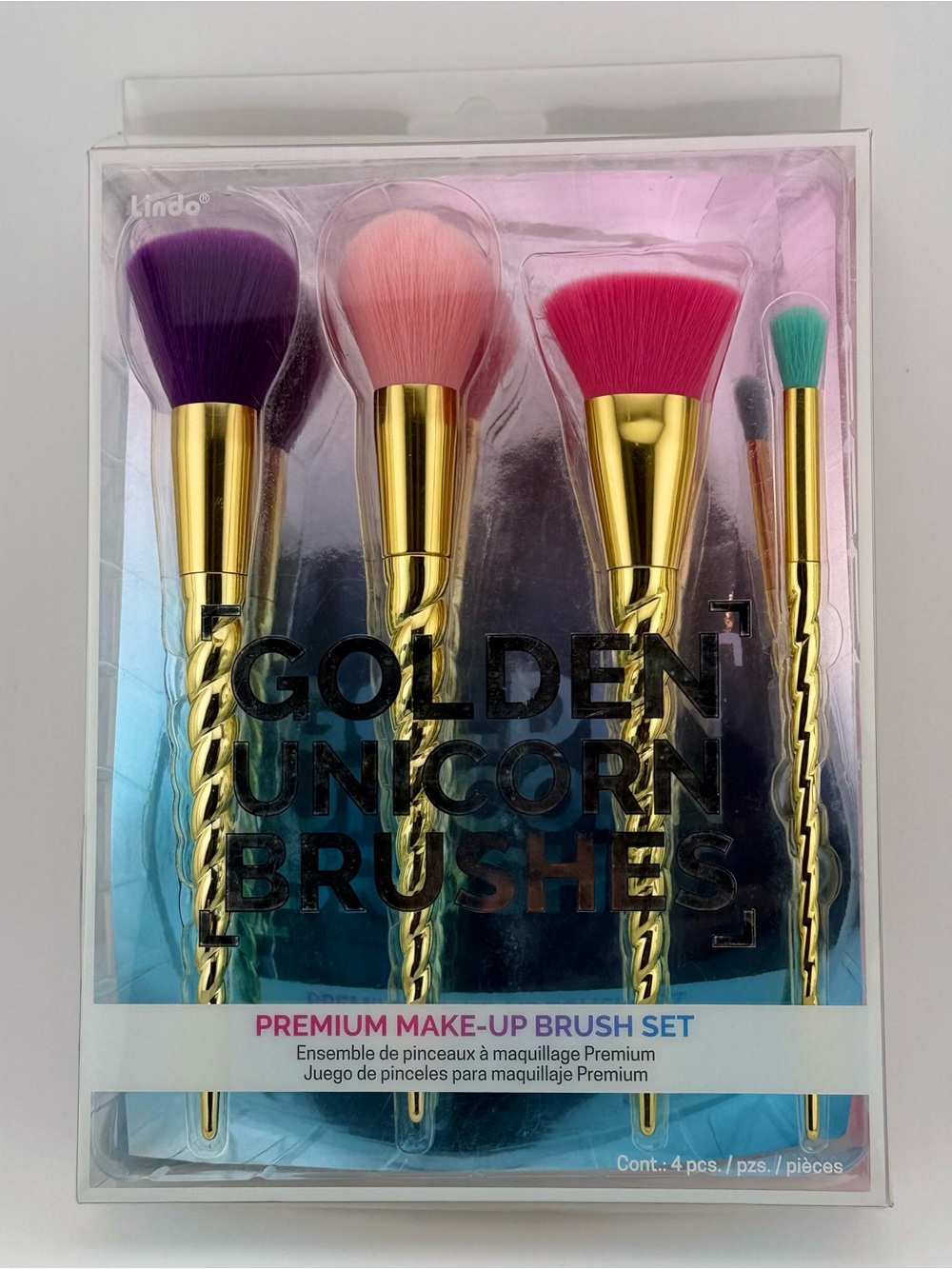 Lindo Golden Unicorn Brushes Premium Makeup Brush Set of 4. New in Box